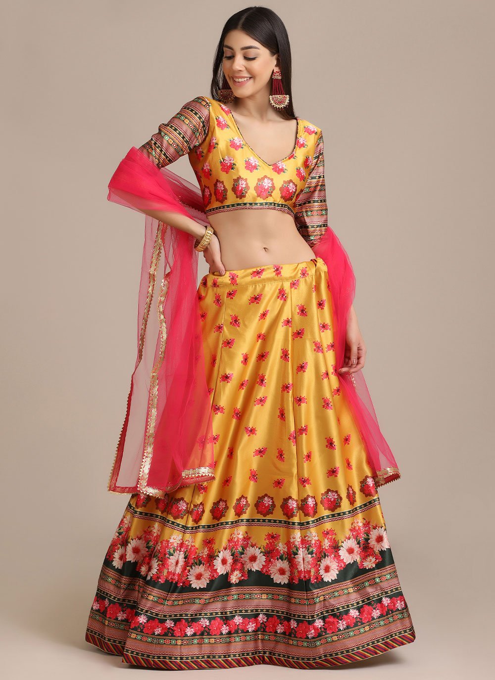 Lehenga Choli Jacquard Yellow Print Lehenga Choli