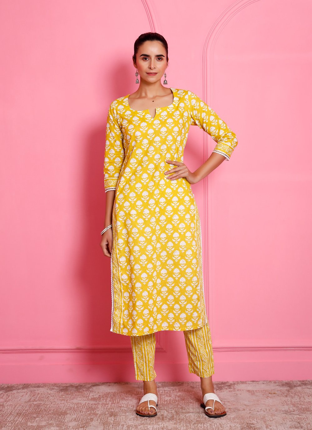 Pant Style Suit Cotton Yellow Print Salwar Kameez