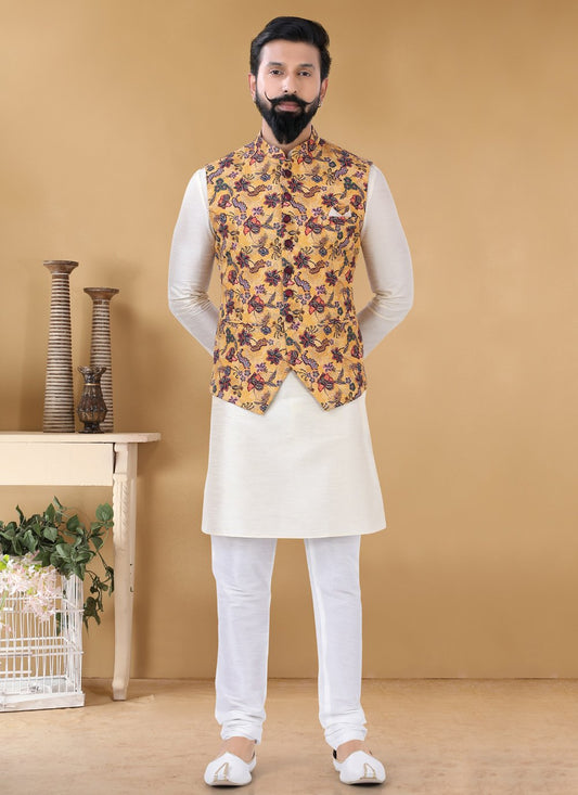 Nehru Jackets Cotton Yellow Print Mens