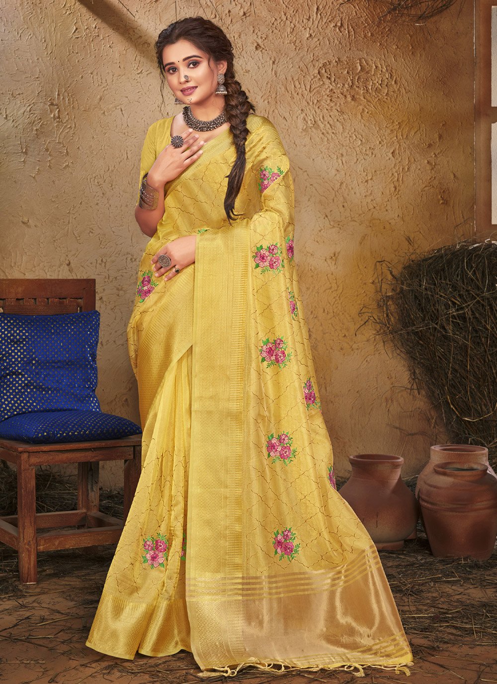 Trendy Saree Organza Yellow Fancy Work Saree