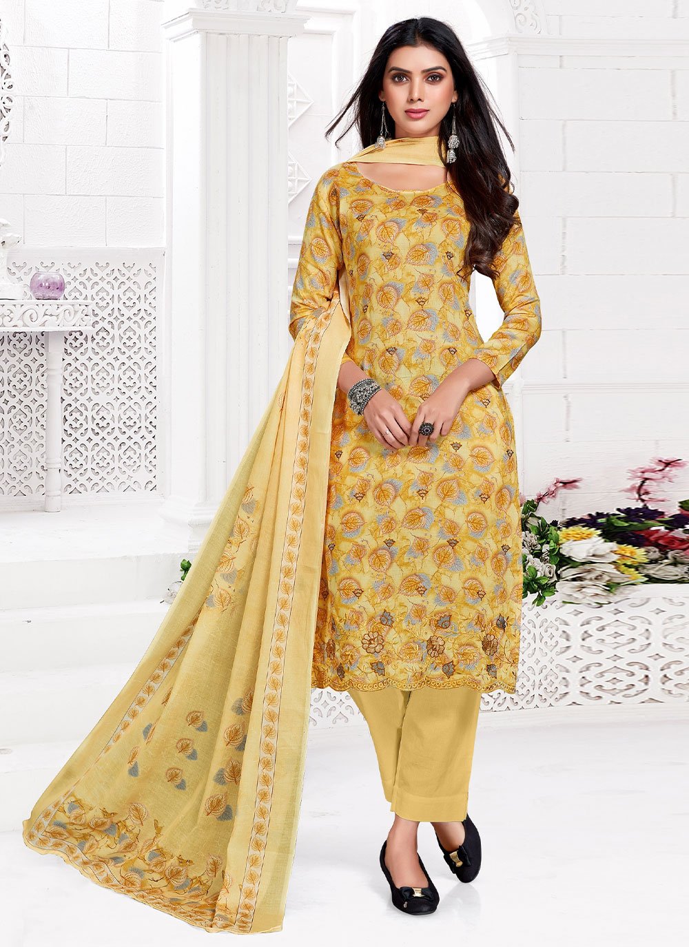 Pant Style Suit Cotton Satin Yellow Print Salwar Kameez