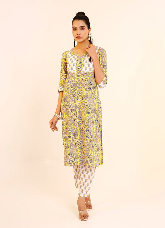 Pant Style Suit Cotton Yellow Print Salwar Kameez