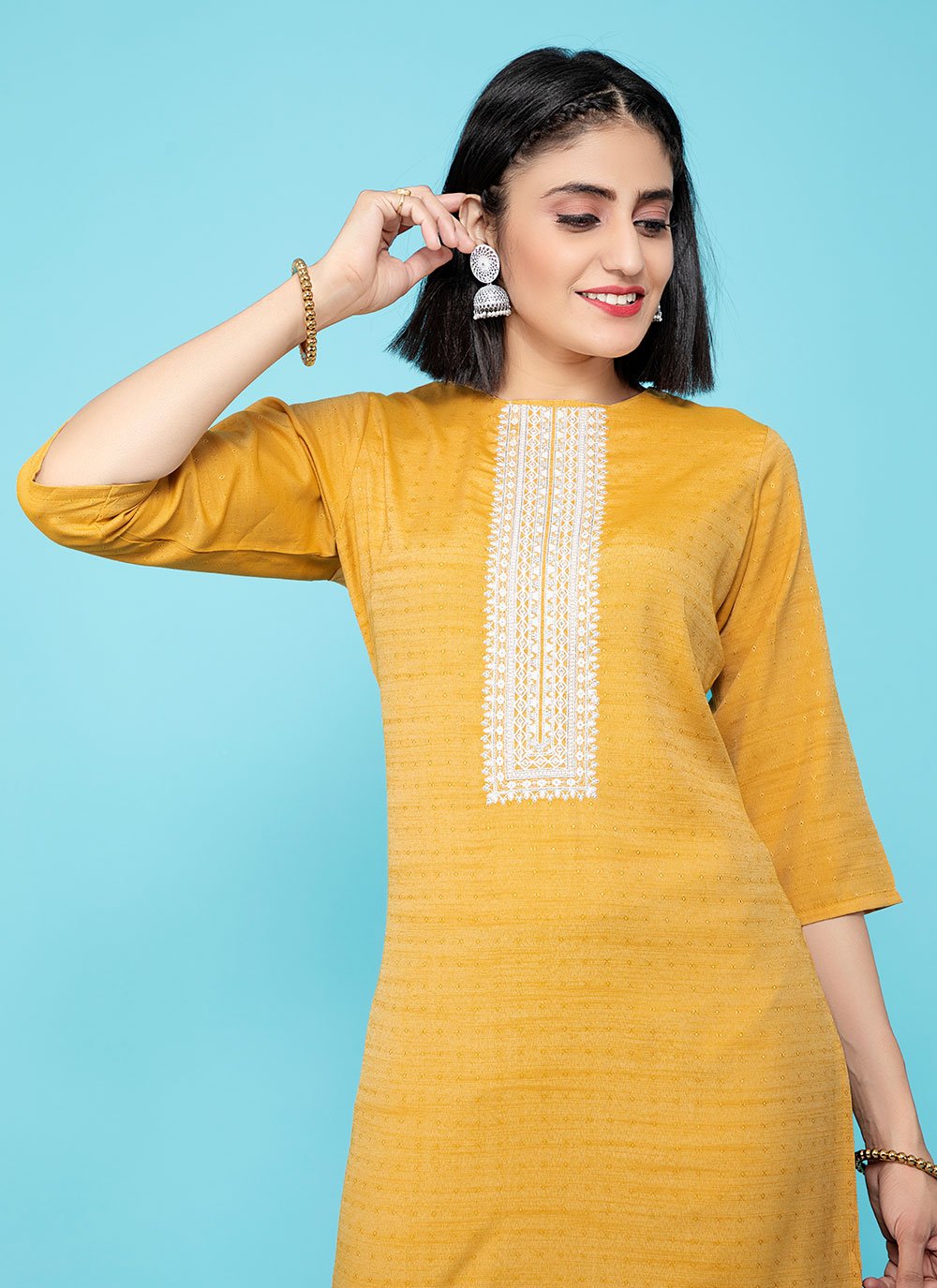 Party Wear Kurti Cotton Yellow Print Kurtis