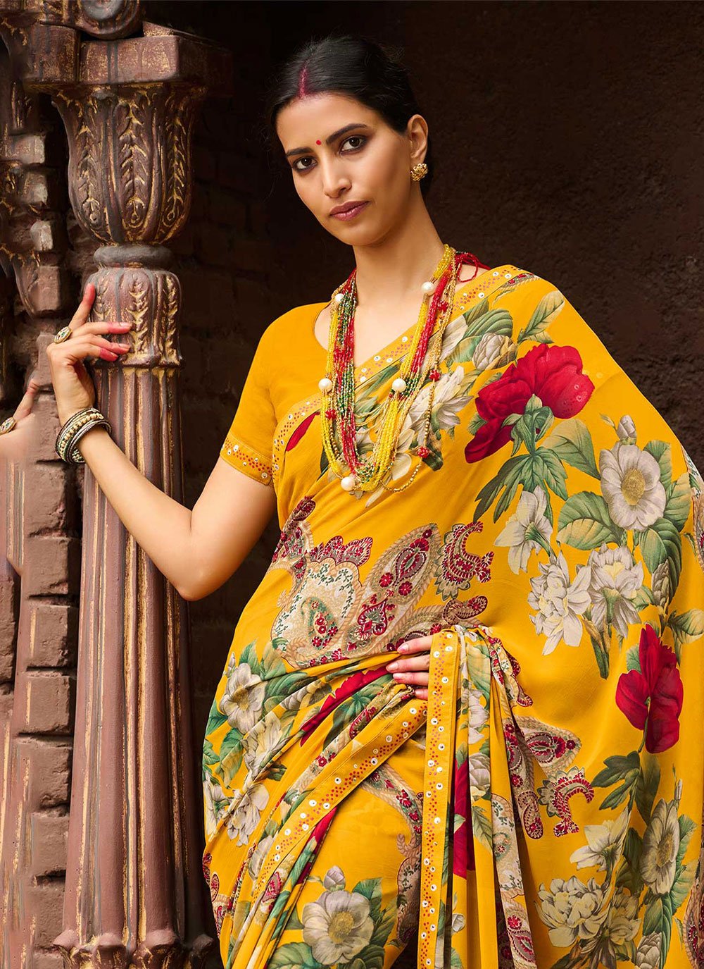 Classic Georgette Yellow Print Saree