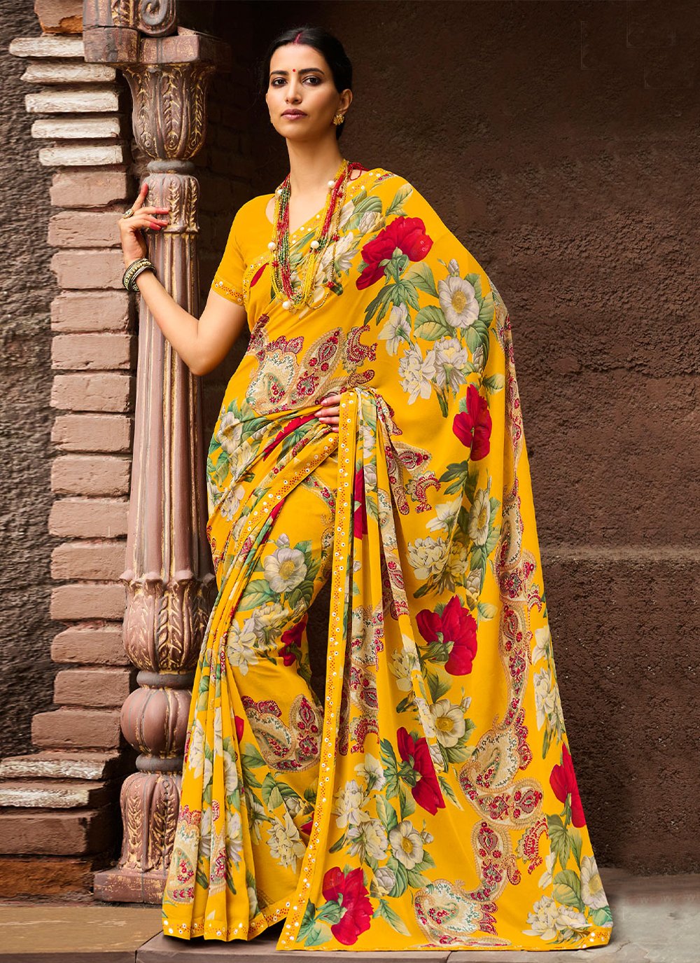 Classic Georgette Yellow Print Saree