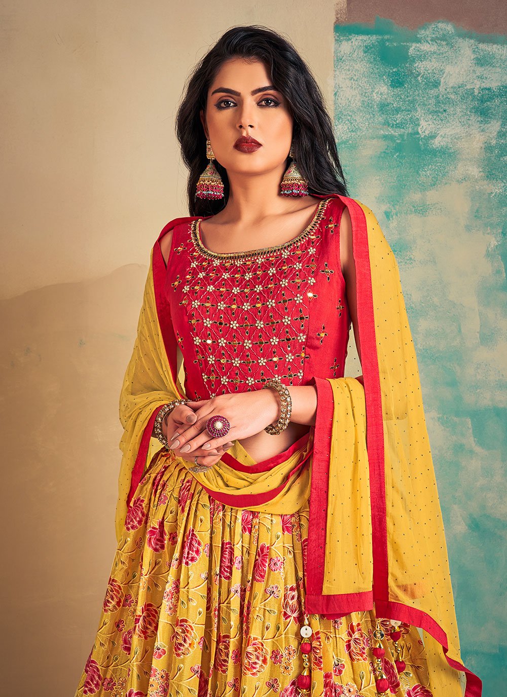 Readymade Lehenga Choli Chiffon Yellow Hand Work Lehenga Choli