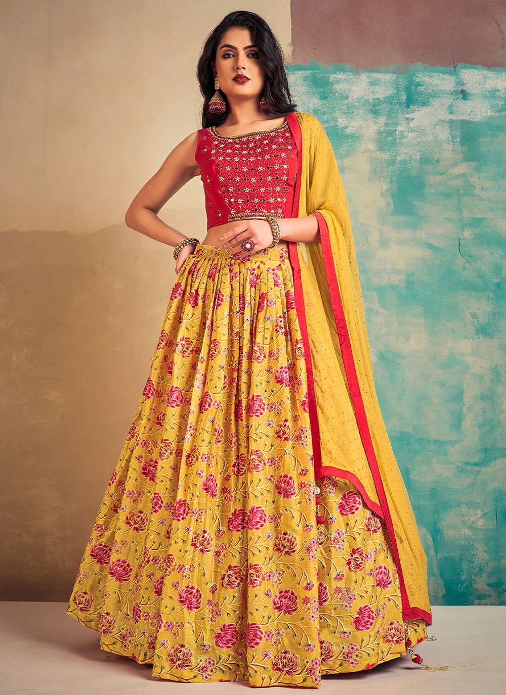 Readymade Lehenga Choli Chiffon Yellow Hand Work Lehenga Choli