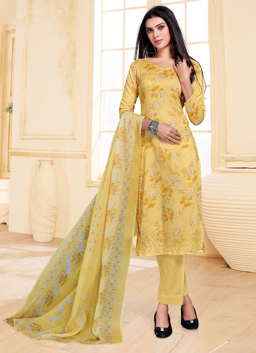 Trendy Suit Cotton Satin Yellow Print Salwar Kameez