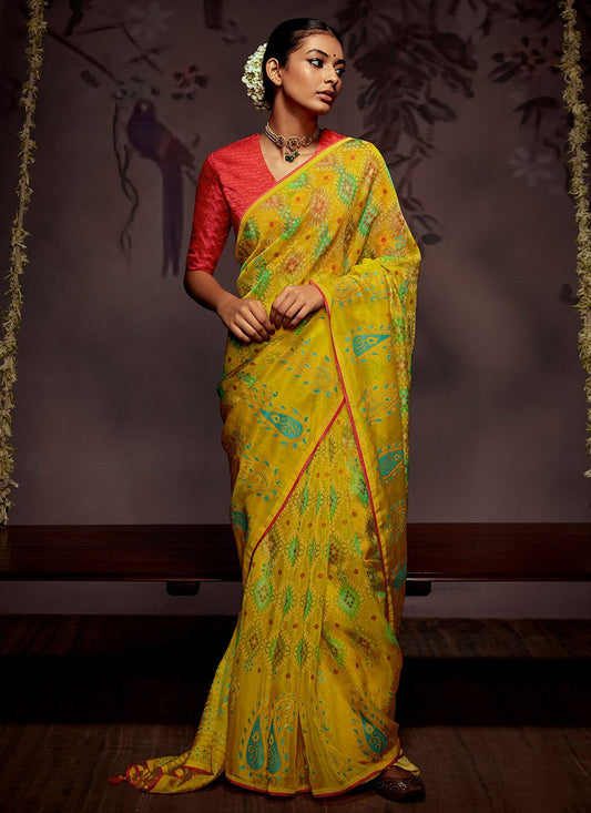 Trendy Saree Brasso Yellow Print Saree