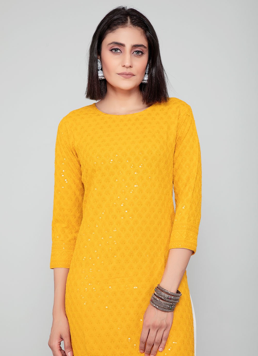 Casual Kurti Rayon Yellow Chikankari Work Kurtis