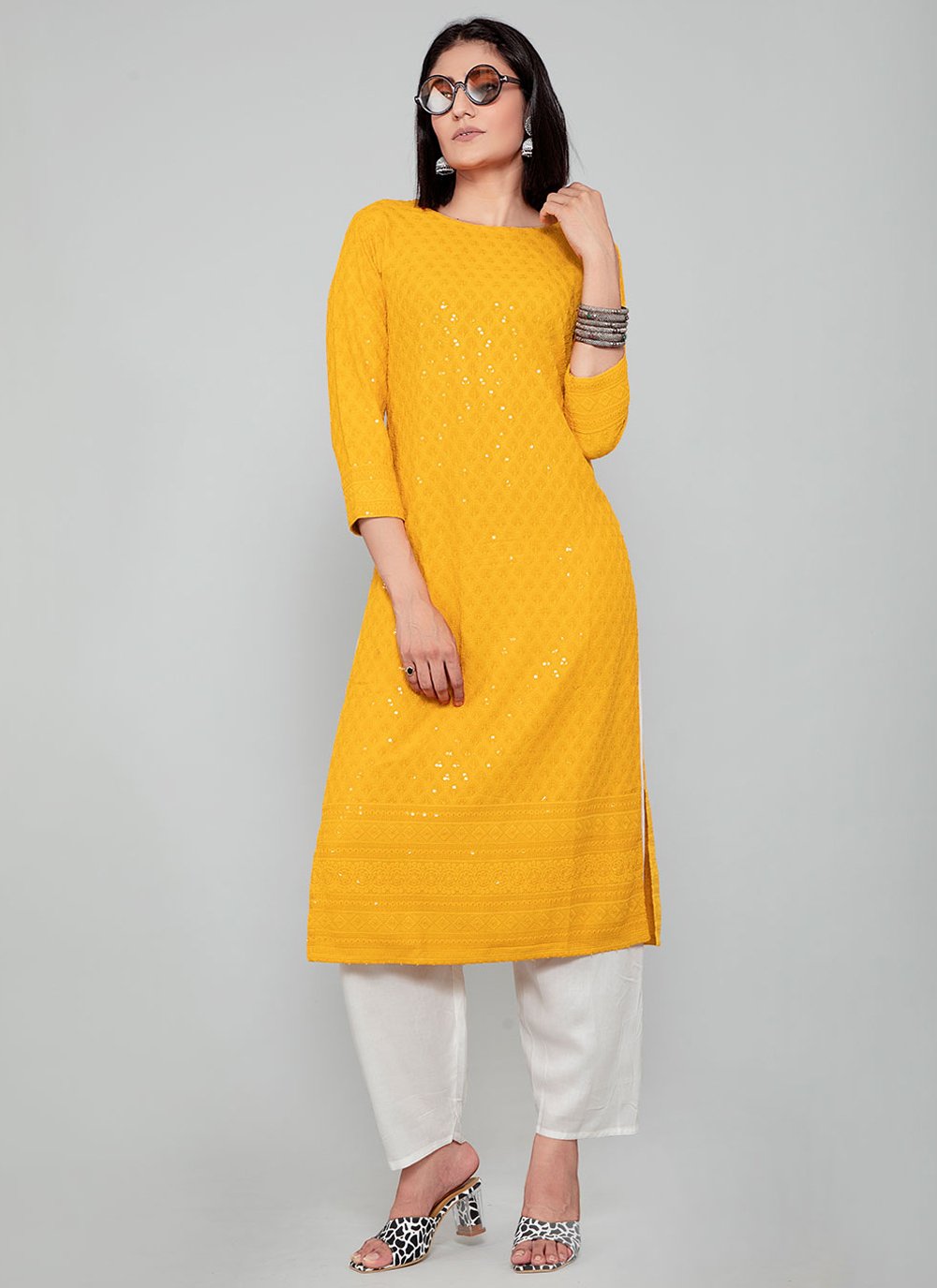 Casual Kurti Rayon Yellow Chikankari Work Kurtis