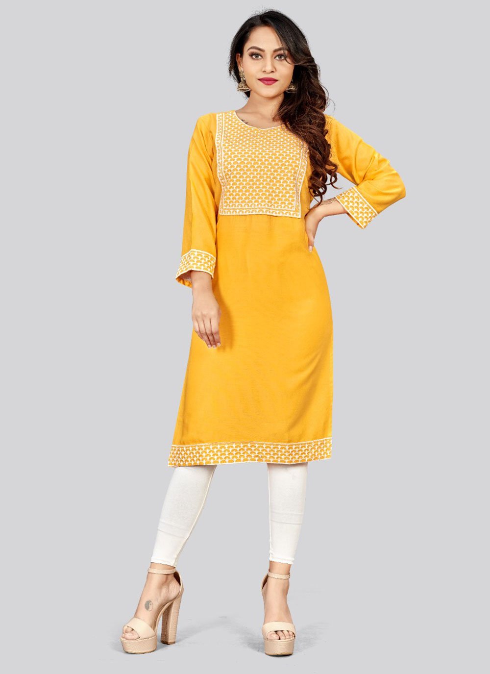 Designer Kurti Rayon Yellow Embroidered Kurtis