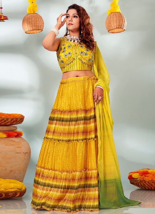 Readymade Lehenga Choli Chinon Crush Yellow Embroidered Lehenga Choli