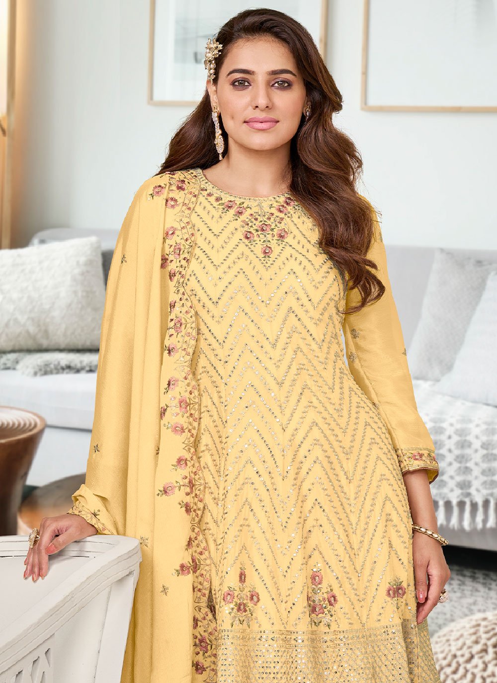 Salwar Suit Chinon Yellow Embroidered Salwar Kameez