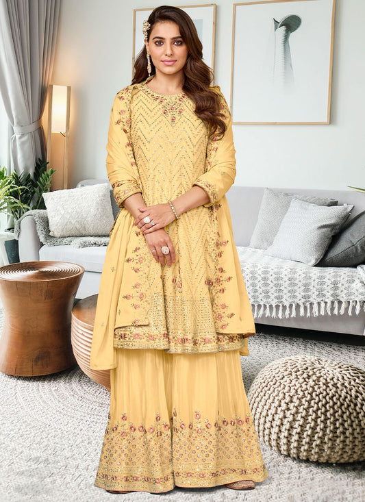 Salwar Suit Chinon Yellow Embroidered Salwar Kameez