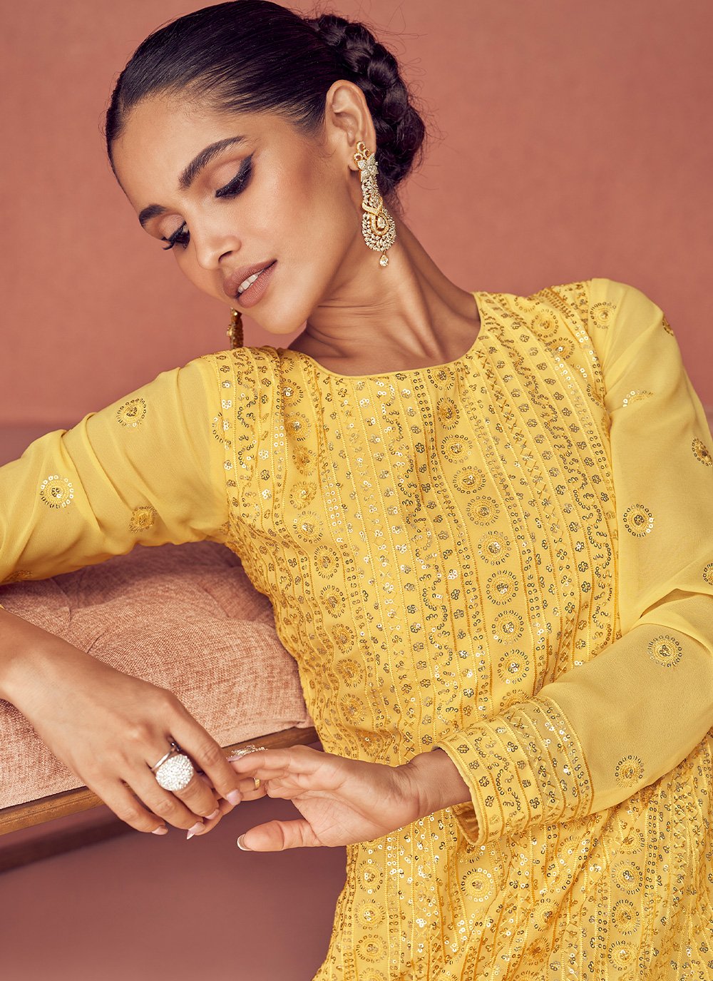 Salwar Suit Georgette Yellow Embroidered Salwar Kameez