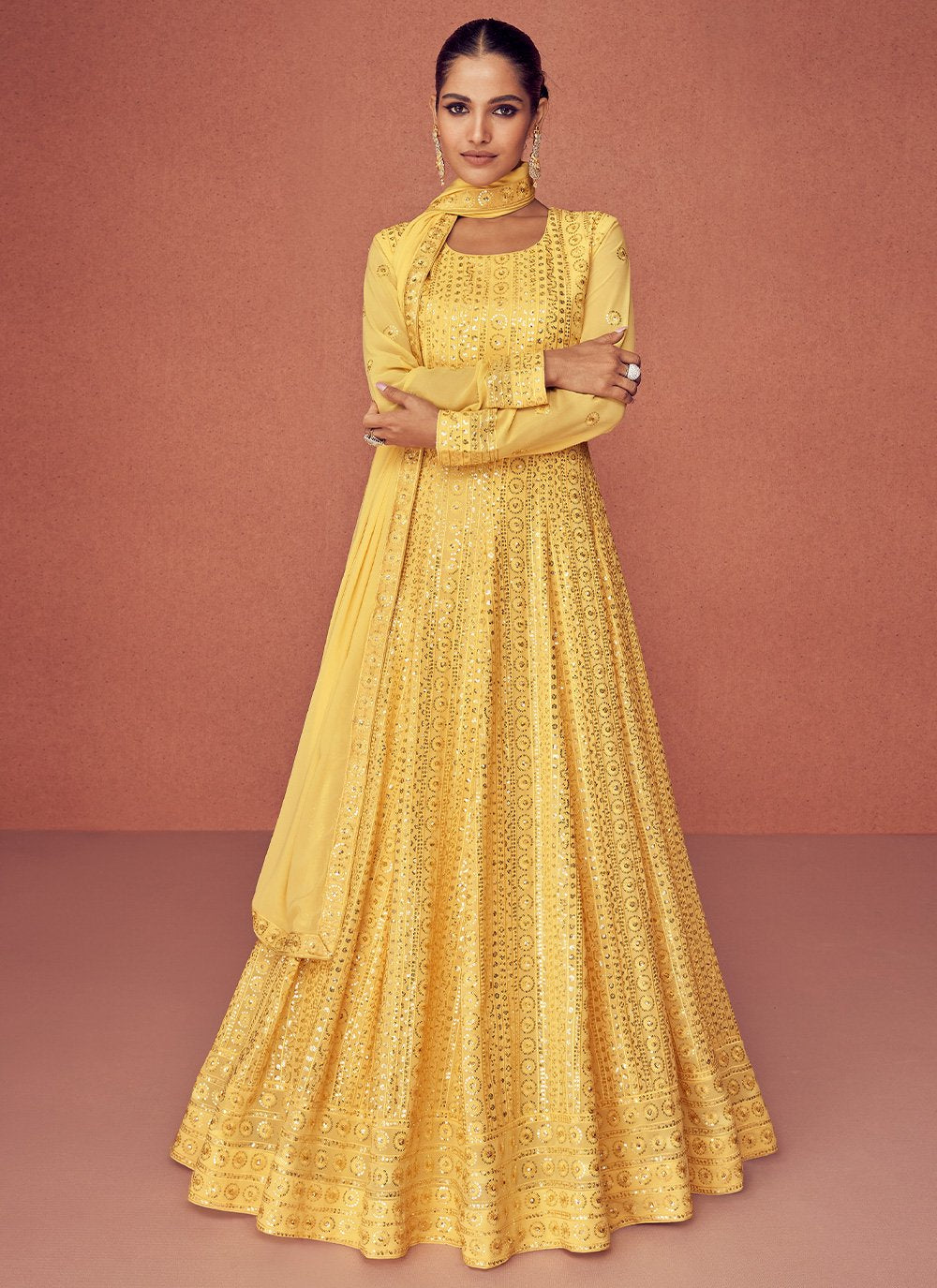 Salwar Suit Georgette Yellow Embroidered Salwar Kameez