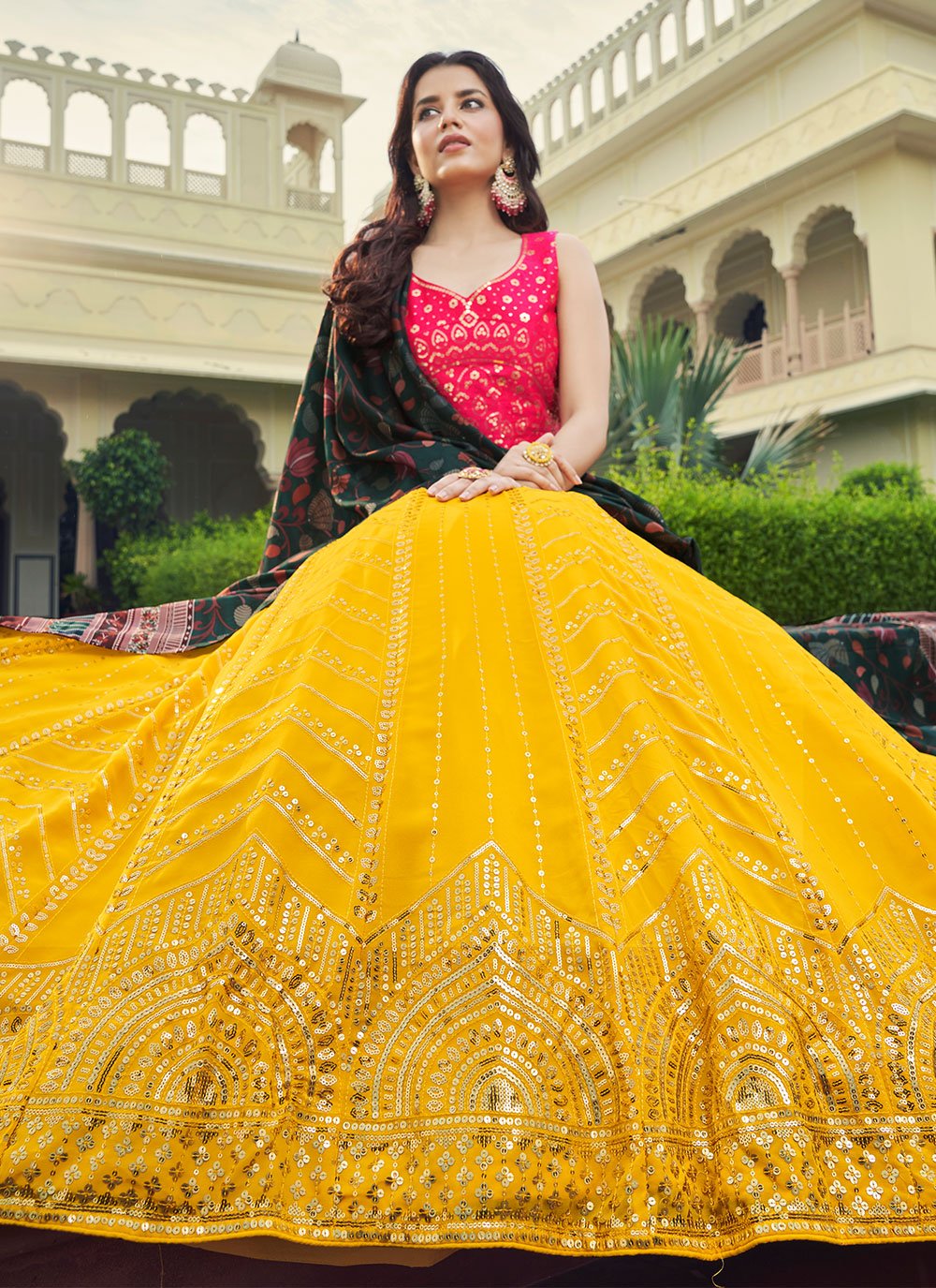 Lehenga Choli Georgette Yellow Embroidered Lehenga Choli