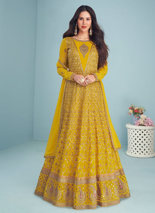 Salwar Suit Georgette Yellow Embroidered Salwar Kameez