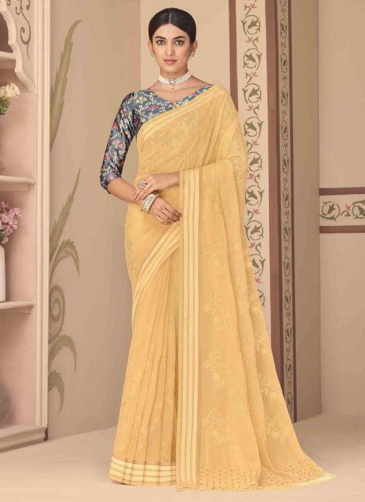 Classic Georgette Yellow Embroidered Saree