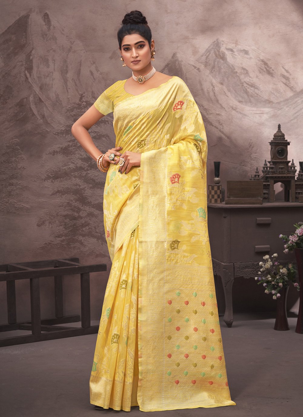 Traditional Saree Cotton Silk Yellow Embroidered Saree