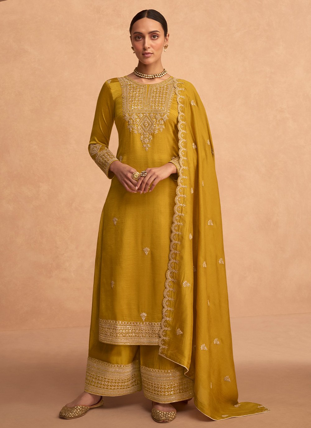 Pakistani Salwar Suit Silk Yellow Embroidered Salwar Kameez