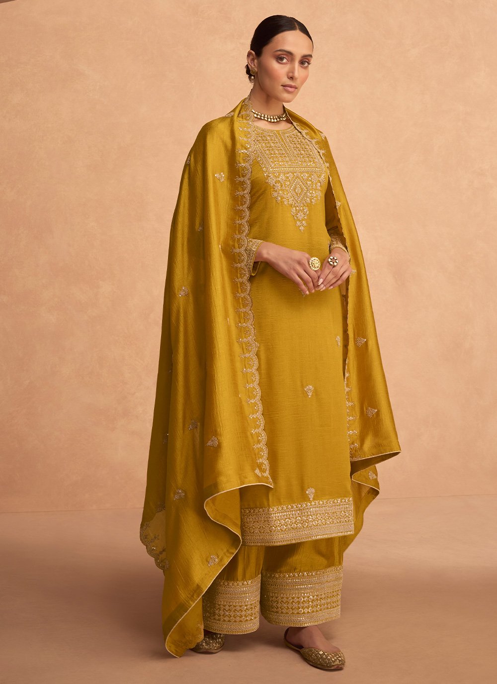 Pakistani Salwar Suit Silk Yellow Embroidered Salwar Kameez
