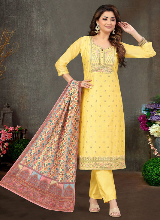 Pant Style Suit Chanderi Silk Yellow Embroidered Salwar Kameez