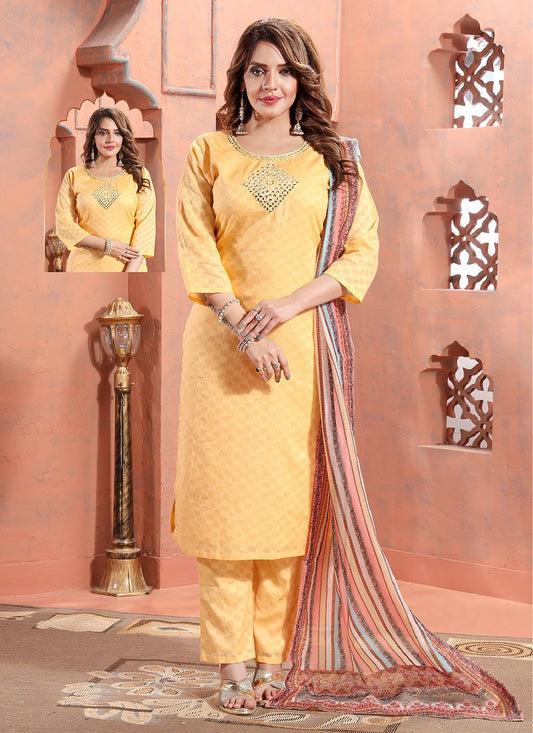 Pant Style Suit Cotton Yellow Embroidered Salwar Kameez