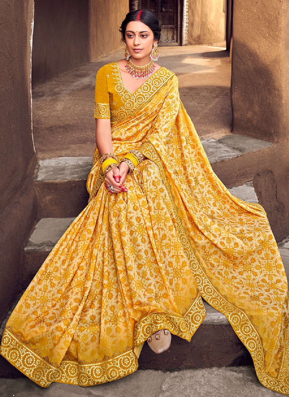 Trendy Saree Silk Yellow Digital Print Saree