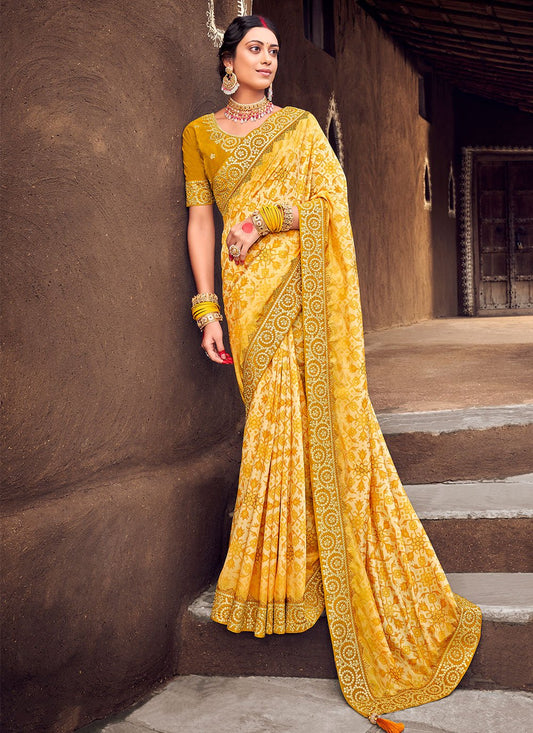 Trendy Saree Silk Yellow Digital Print Saree