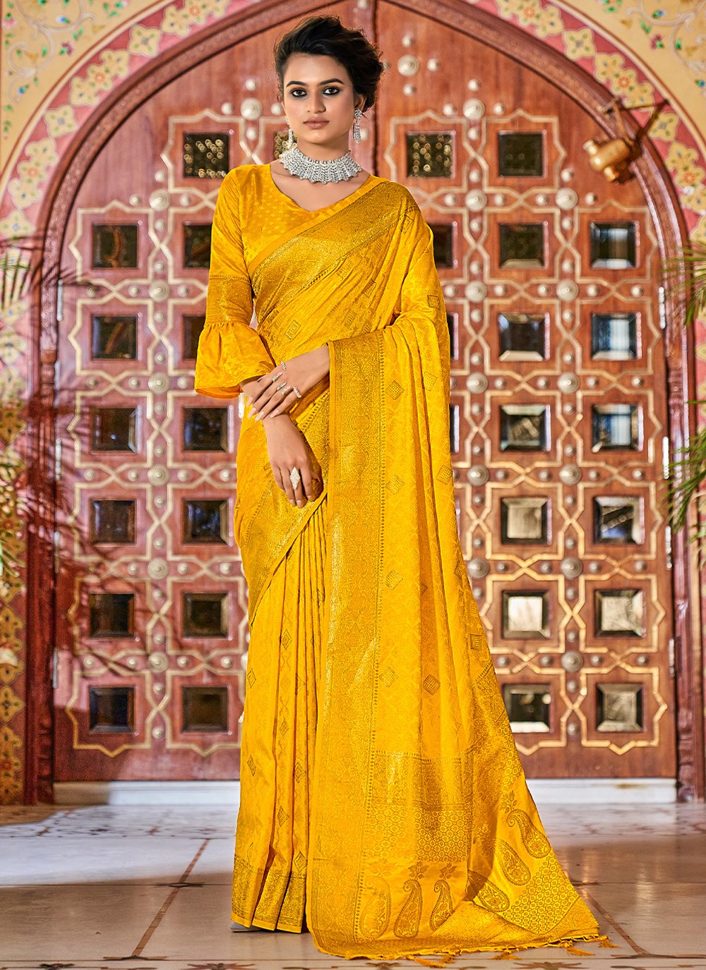 Classic Satin Silk Yellow Weaving Saree