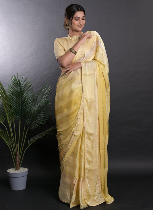 Contemporary Satin Yellow Print Saree