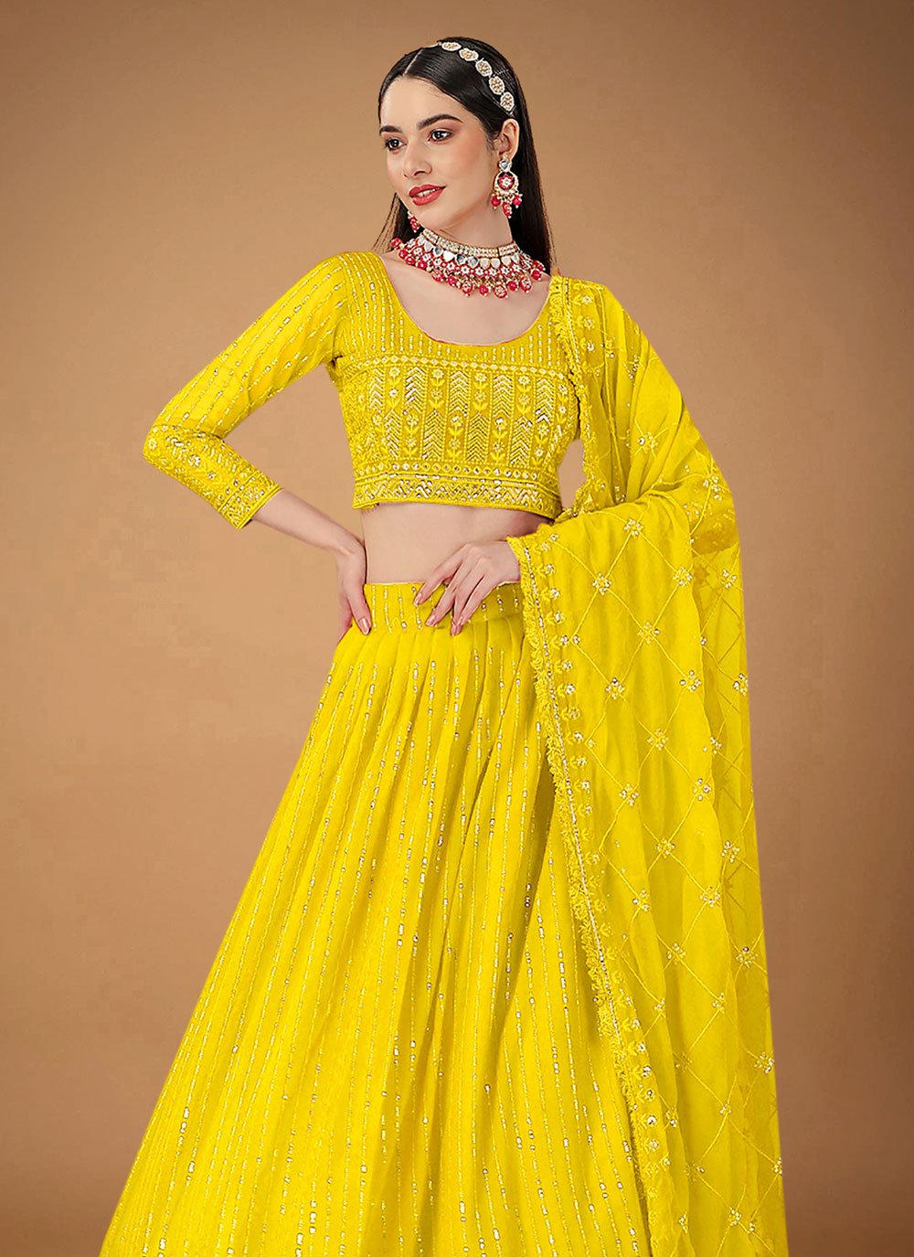 A Line Lehenga Faux Georgette Yellow Embroidered Lehenga Choli