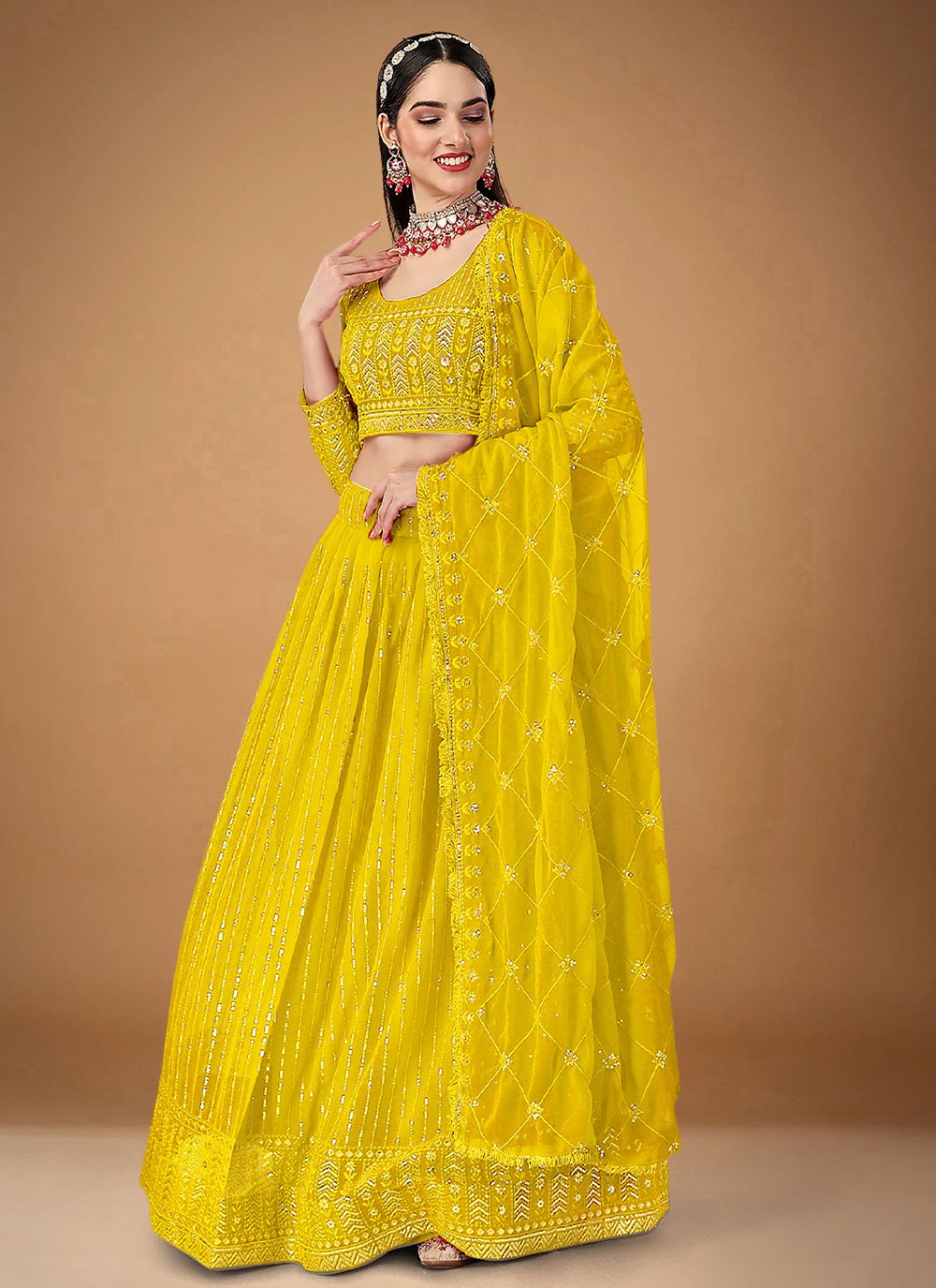 A Line Lehenga Faux Georgette Yellow Embroidered Lehenga Choli