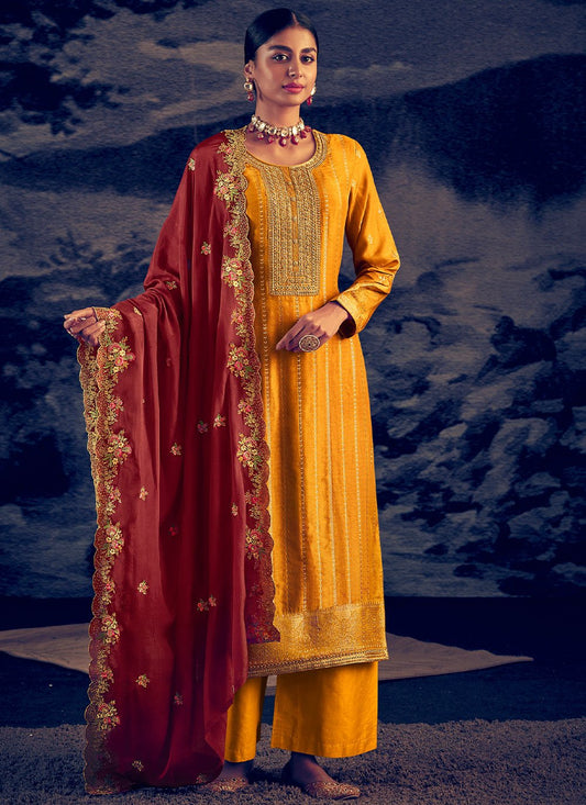 Salwar Suit Pure Silk Yellow Embroidered Salwar Kameez
