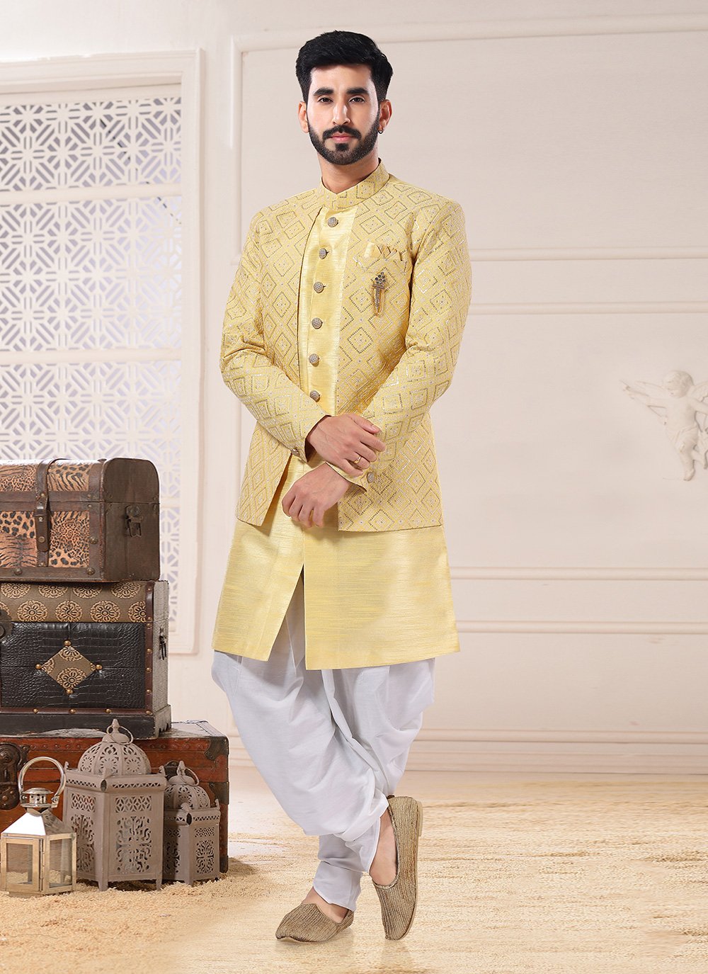 Indo Western Sherwani Silk Yellow Embroidered Mens