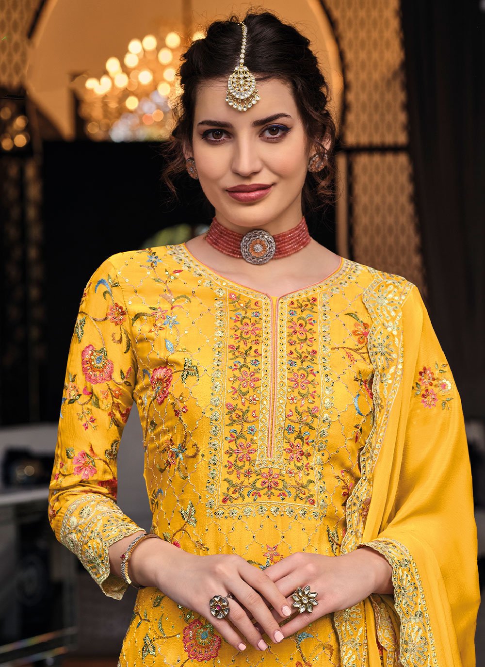 Pakistani Salwar Suit Chinon Yellow Embroidered Salwar Kameez