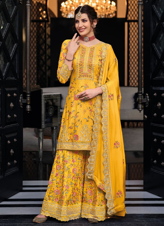 Pakistani Salwar Suit Chinon Yellow Embroidered Salwar Kameez