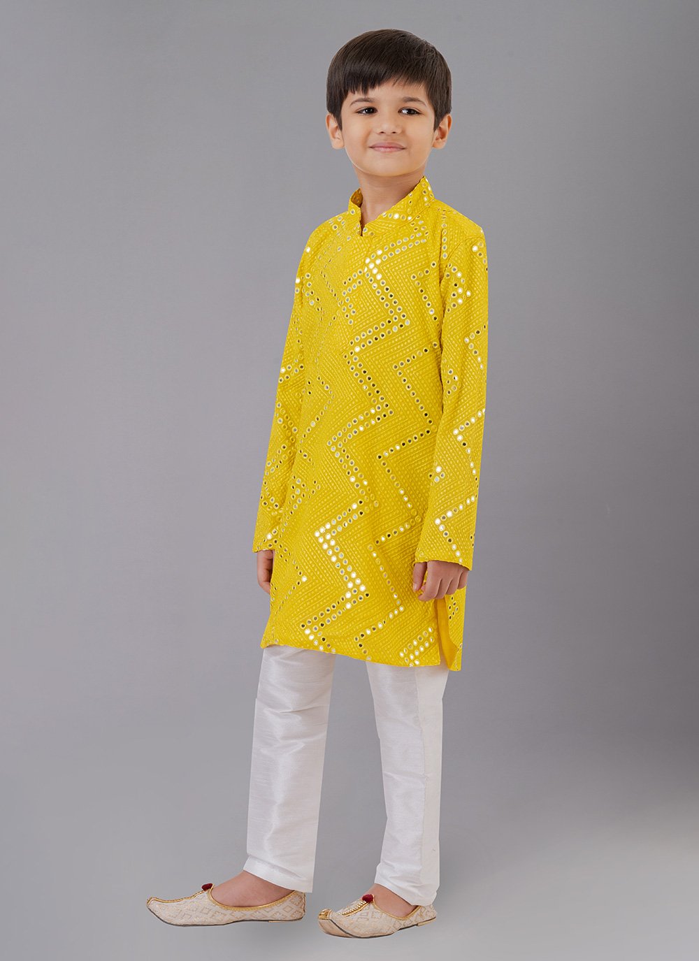 Kurta Pyjama Georgette Yellow Embroidered Kids