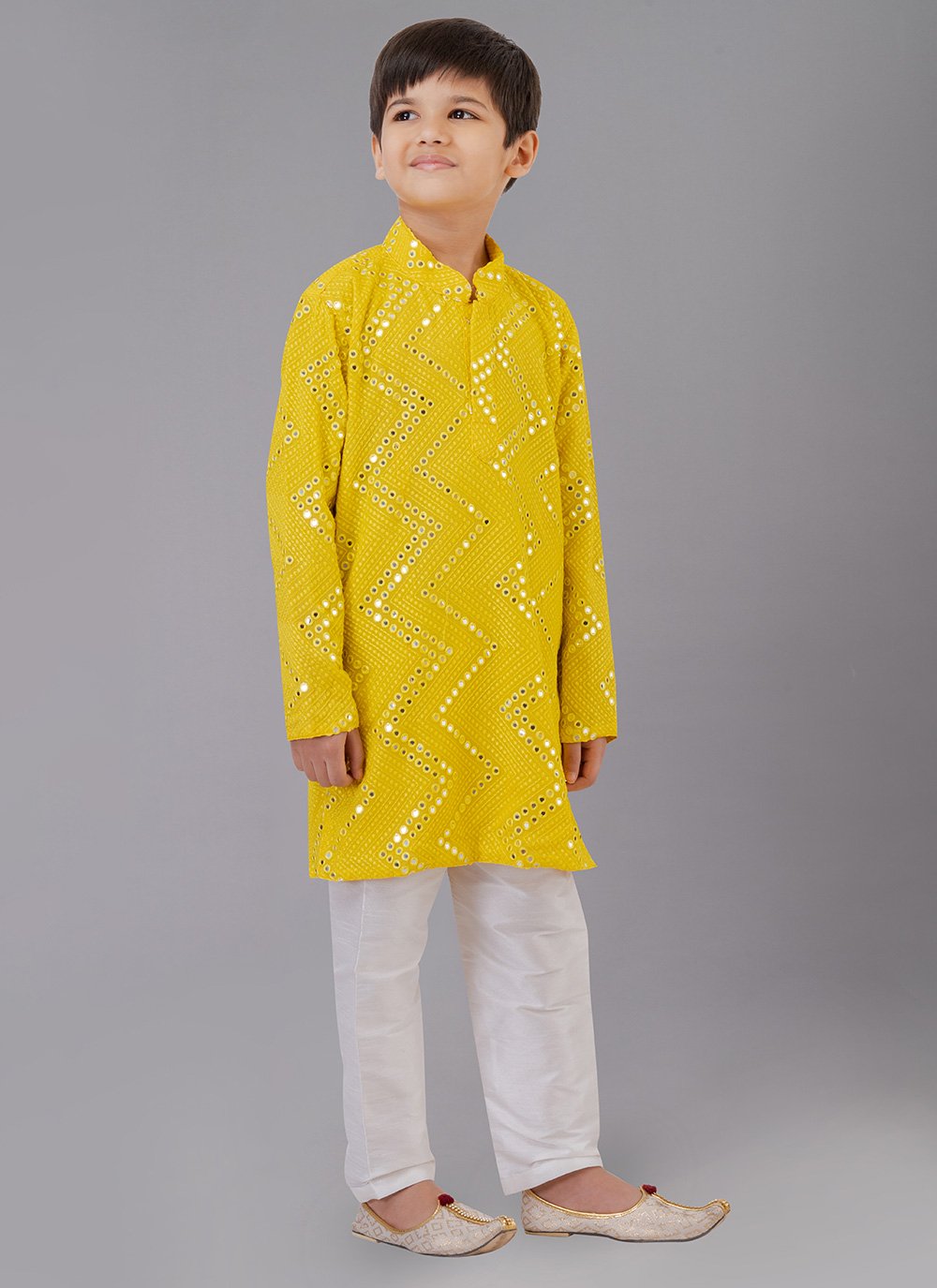 Kurta Pyjama Georgette Yellow Embroidered Kids