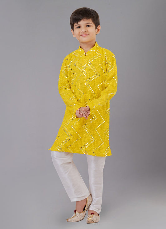 Kurta Pyjama Georgette Yellow Embroidered Kids