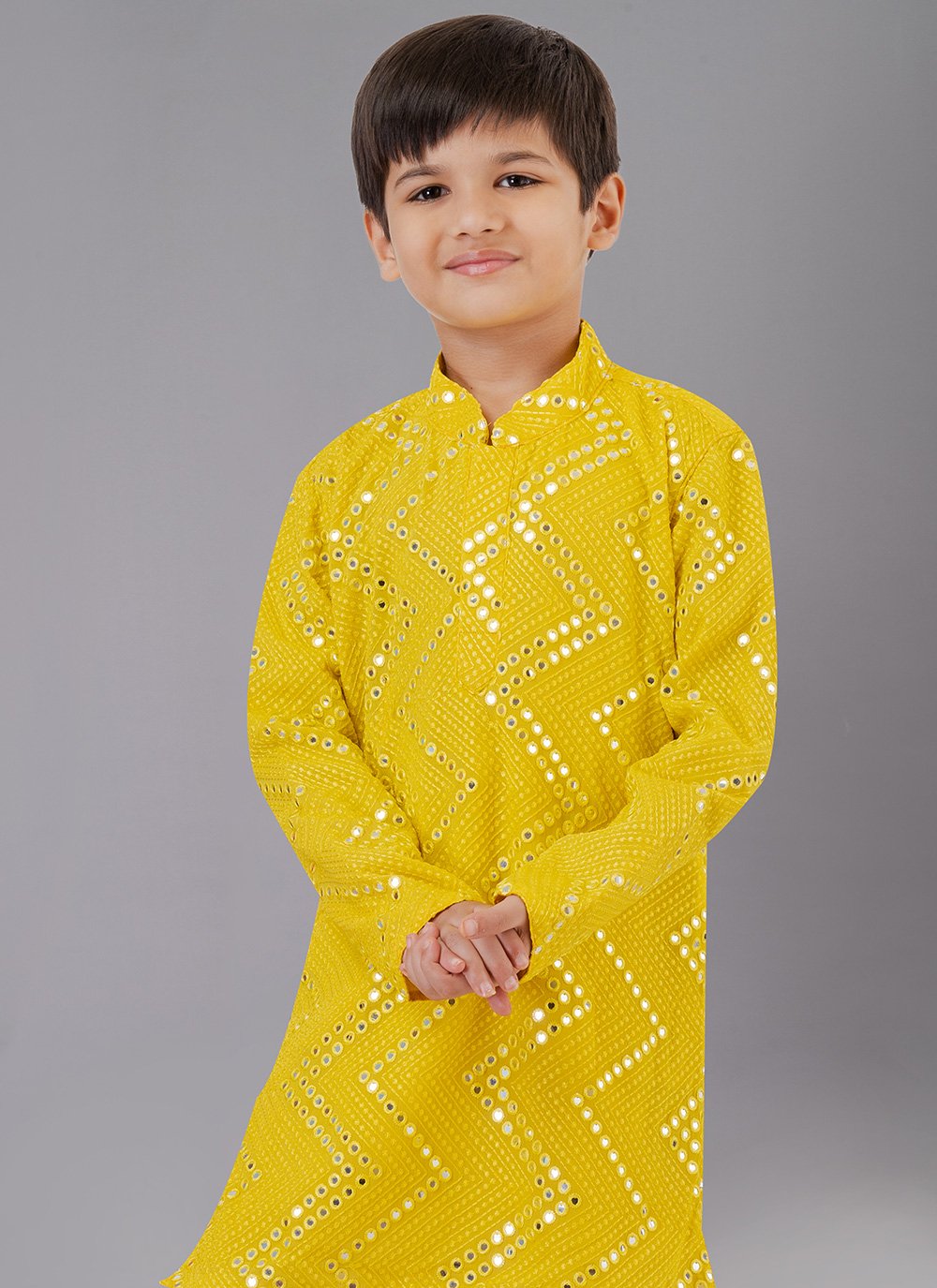 Kurta Pyjama Georgette Yellow Embroidered Kids