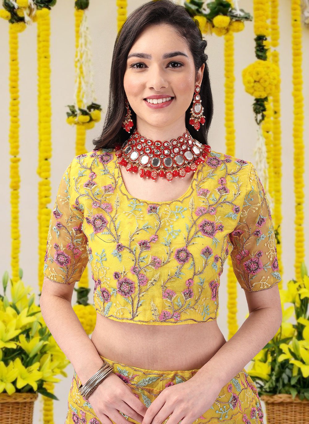 Lehenga Choli Organza Silk Yellow Embroidered Lehenga Choli