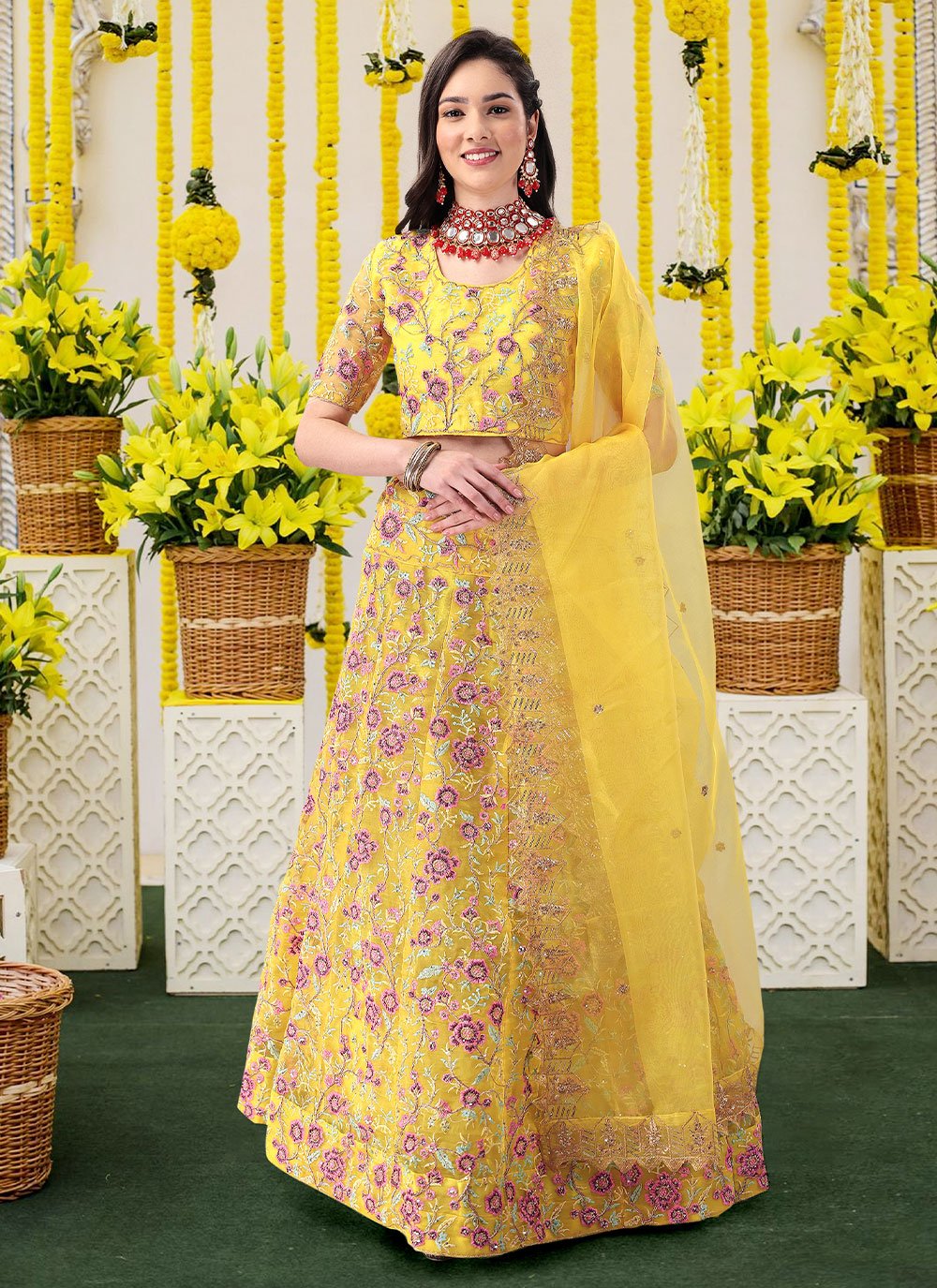 Lehenga Choli Organza Silk Yellow Embroidered Lehenga Choli