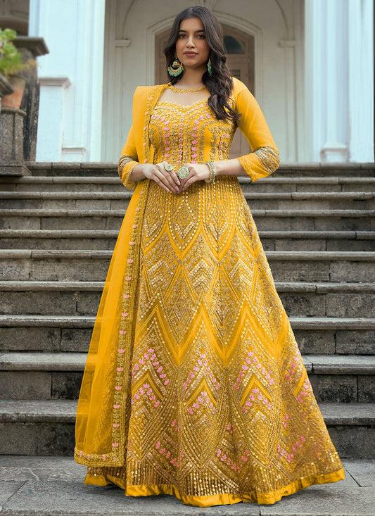 Salwar Suit Net Yellow Embroidered Salwar Kameez