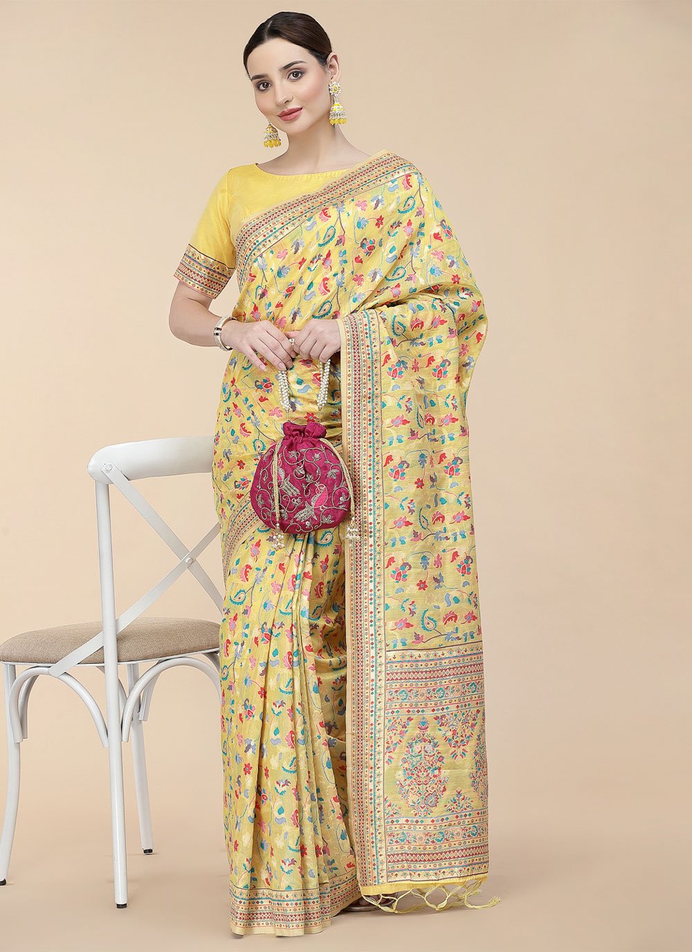 Classic Silk Blend Yellow Woven Saree