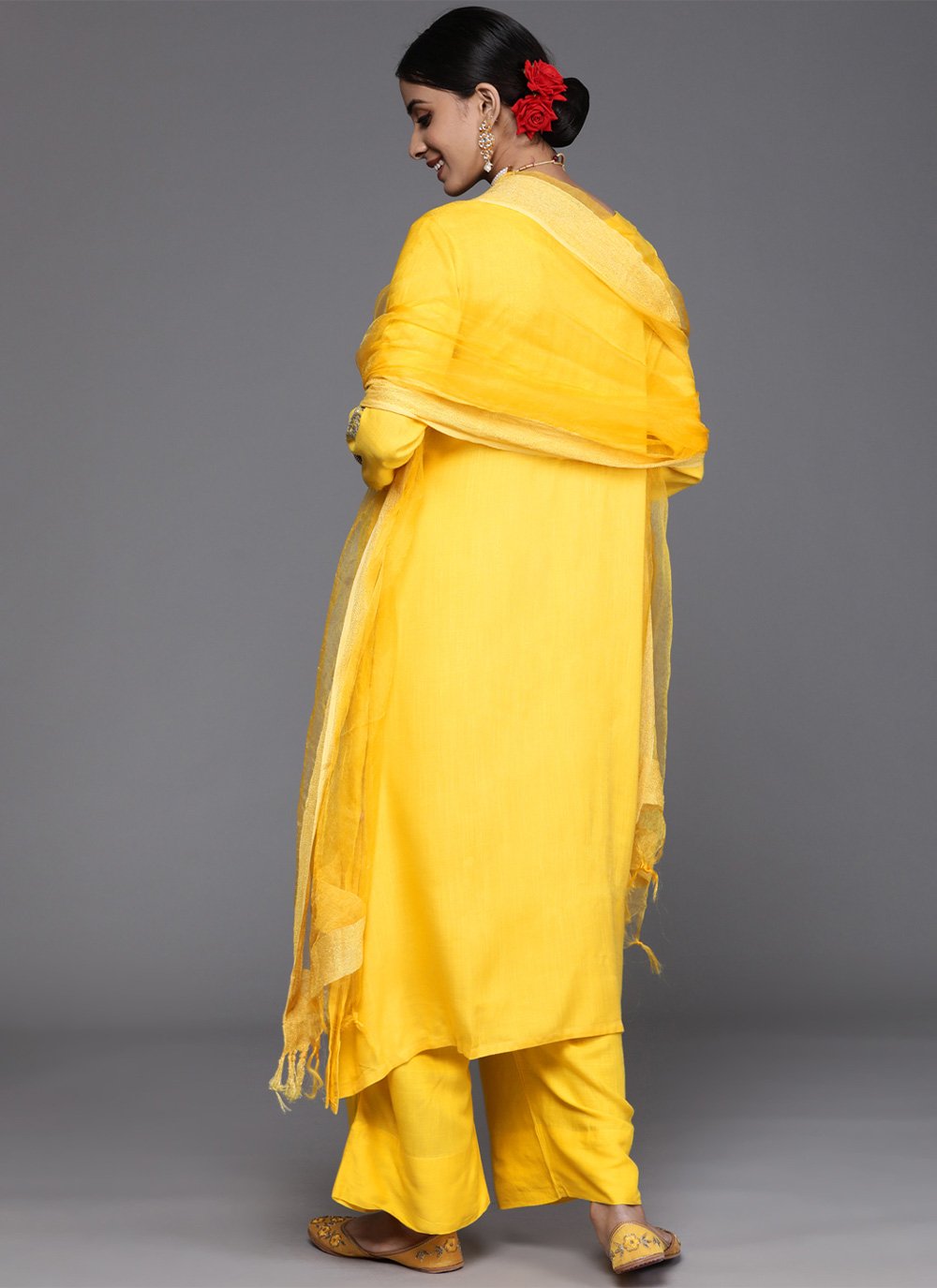 Palazzo Salwar Suit Silk Blend Yellow Embroidered Salwar Kameez