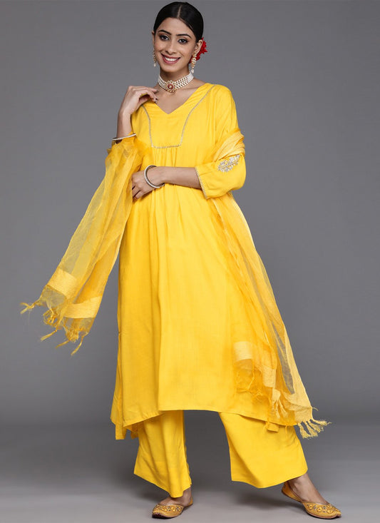 Palazzo Salwar Suit Silk Blend Yellow Embroidered Salwar Kameez