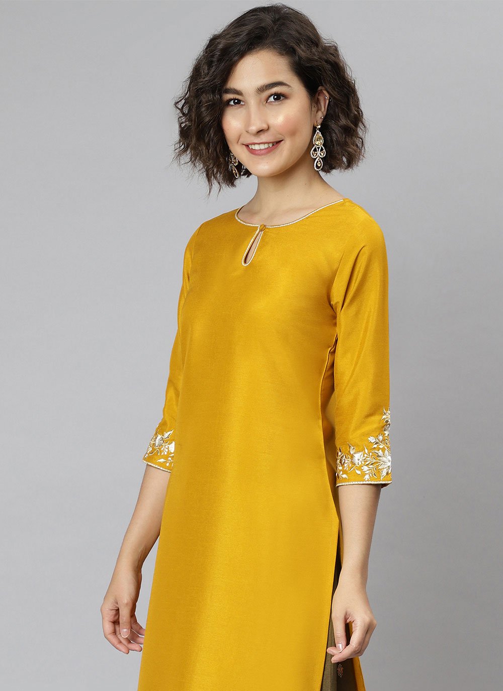 Designer Kurti Silk Yellow Embroidered Kurtis